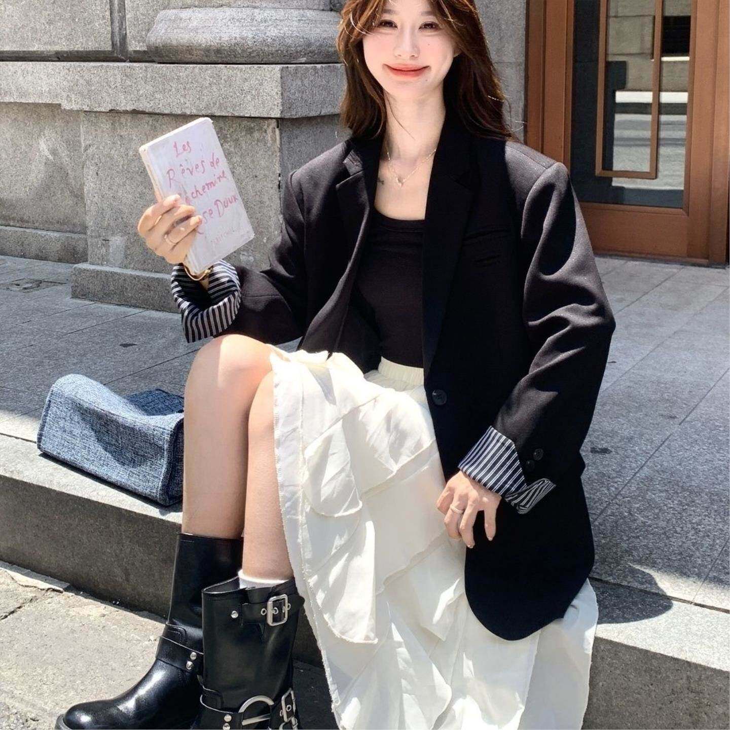 优雅气质条纹拼接黑色西装外套女春秋2026新款显瘦百搭高级感