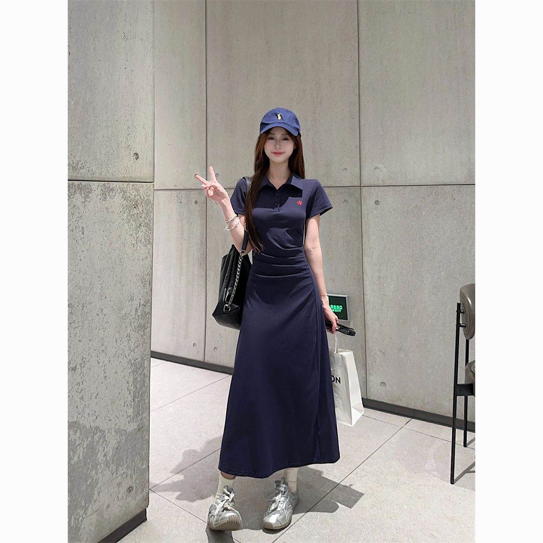 学院风棉短袖T恤连衣裙女夏季新款POLO领收腰褶皱刺绣长款裙子
