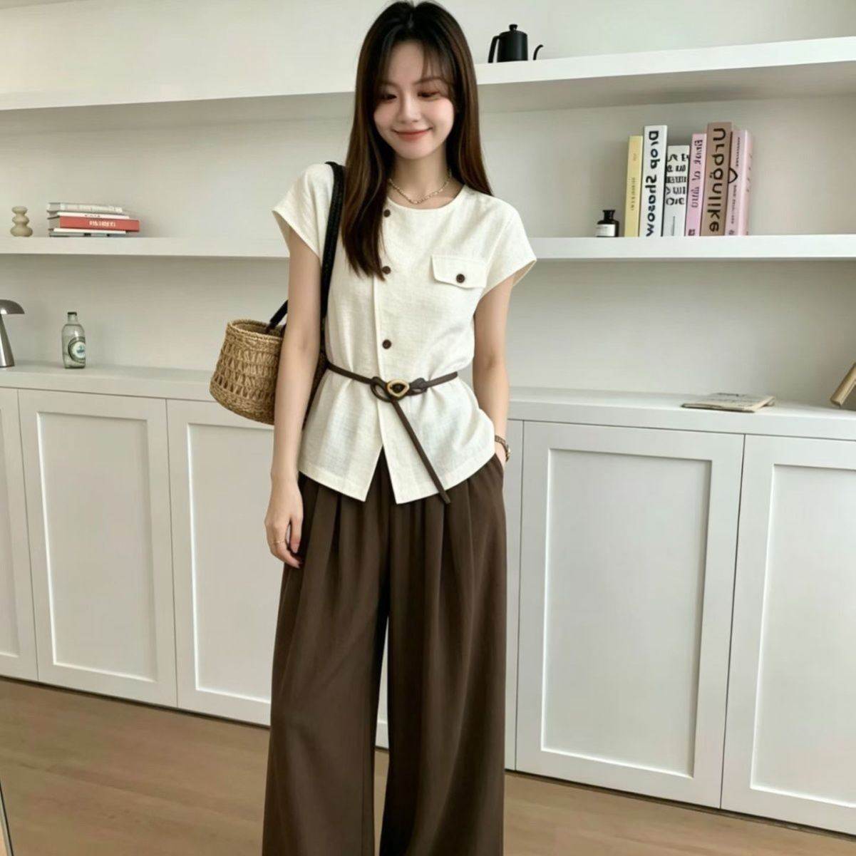 韩版时尚套装女2026年夏季背心上衣马甲阔腿裤宽松两件套纯色套装