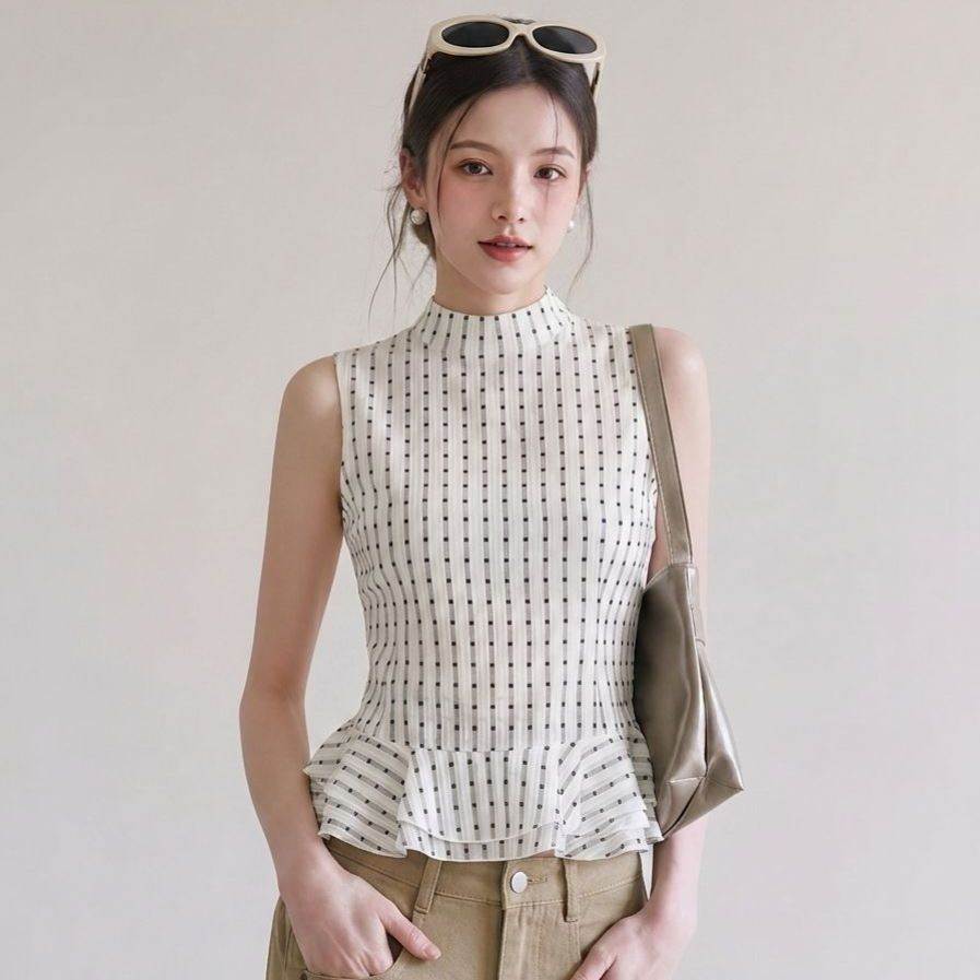 小众设计感格子荷叶边立领无袖背心女夏季气质通勤风收腰显瘦上衣