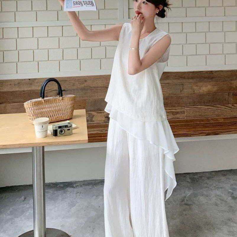 小众不规则拼接网纱上衣马甲套装夏季显瘦阔腿裤两件套天内发货