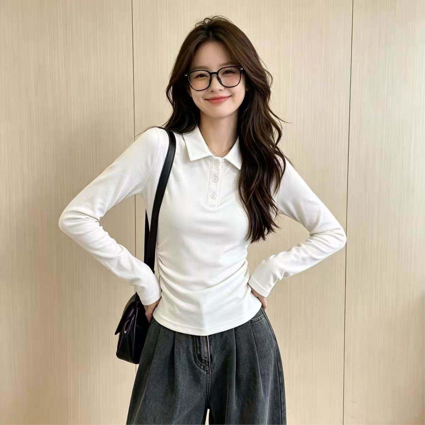 韩系简约白色翻领POLO衫纽扣正肩长袖t恤女新款修身显瘦淑女上衣