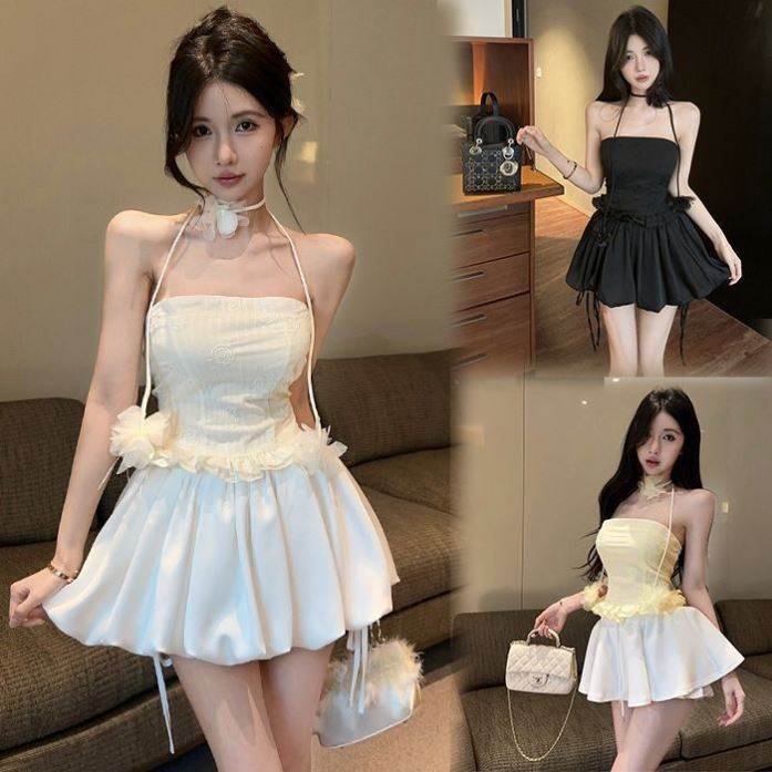 小个子辣妹套装裙女2026夏新款时尚花朵荷叶边抹胸上衣花苞短裙裤图片