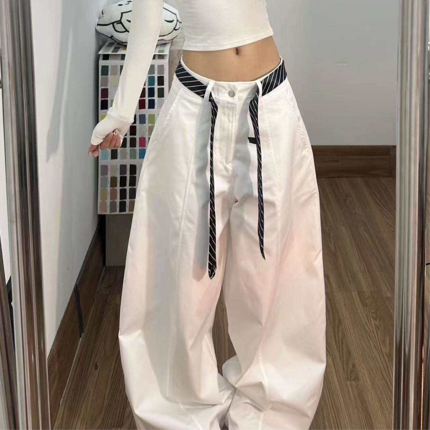 高个子白色弯刀阔腿裤 秋季美式通勤加长拖地女裤配飘带腰带