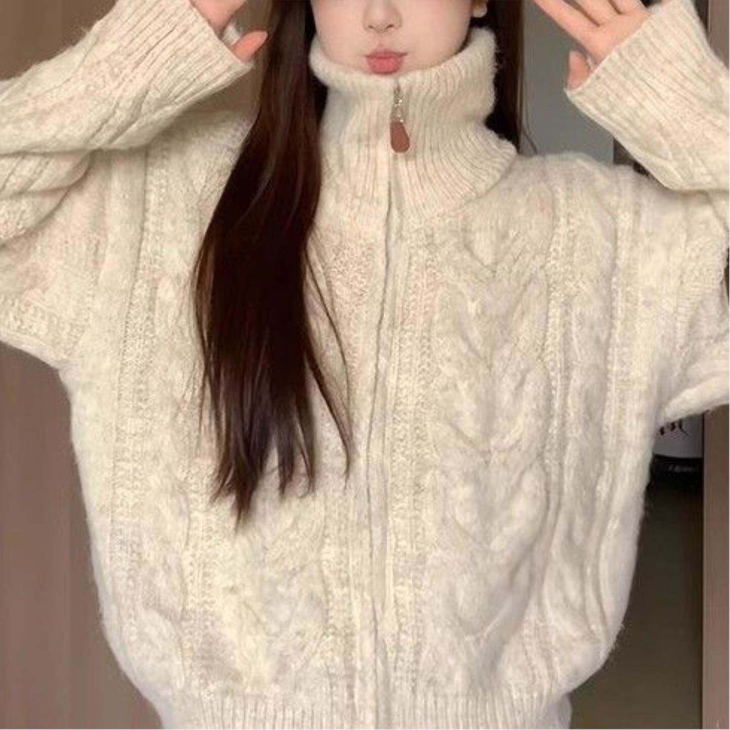 CHICSKY 高领麻花拉链开衫毛衣女秋春季加厚慵懒风立领针织外套女