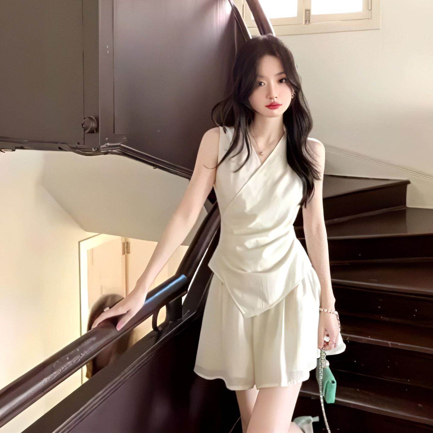 夏季度假风休闲收腰无袖V领绑带上衣女2026新款显瘦短裙子两件套