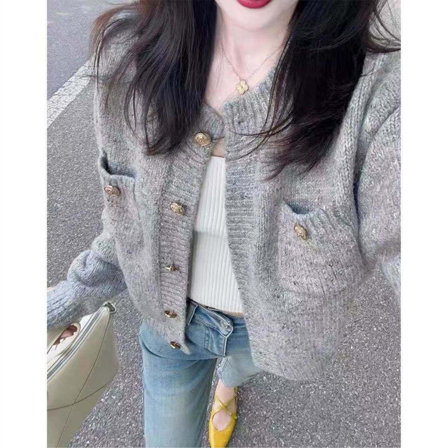 新款软糯灰色小香风针织毛衣开衫外套女装宽松慵懒风上衣