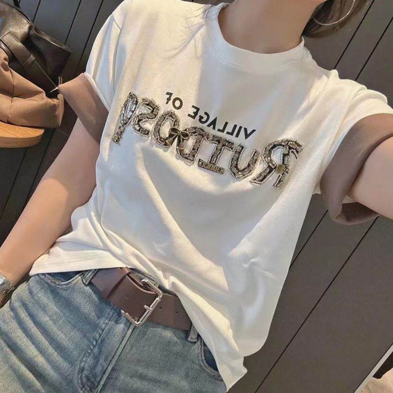 白色重工短袖t恤女2026夏季新款手工钉珠袖口撞色圆领减龄上衣