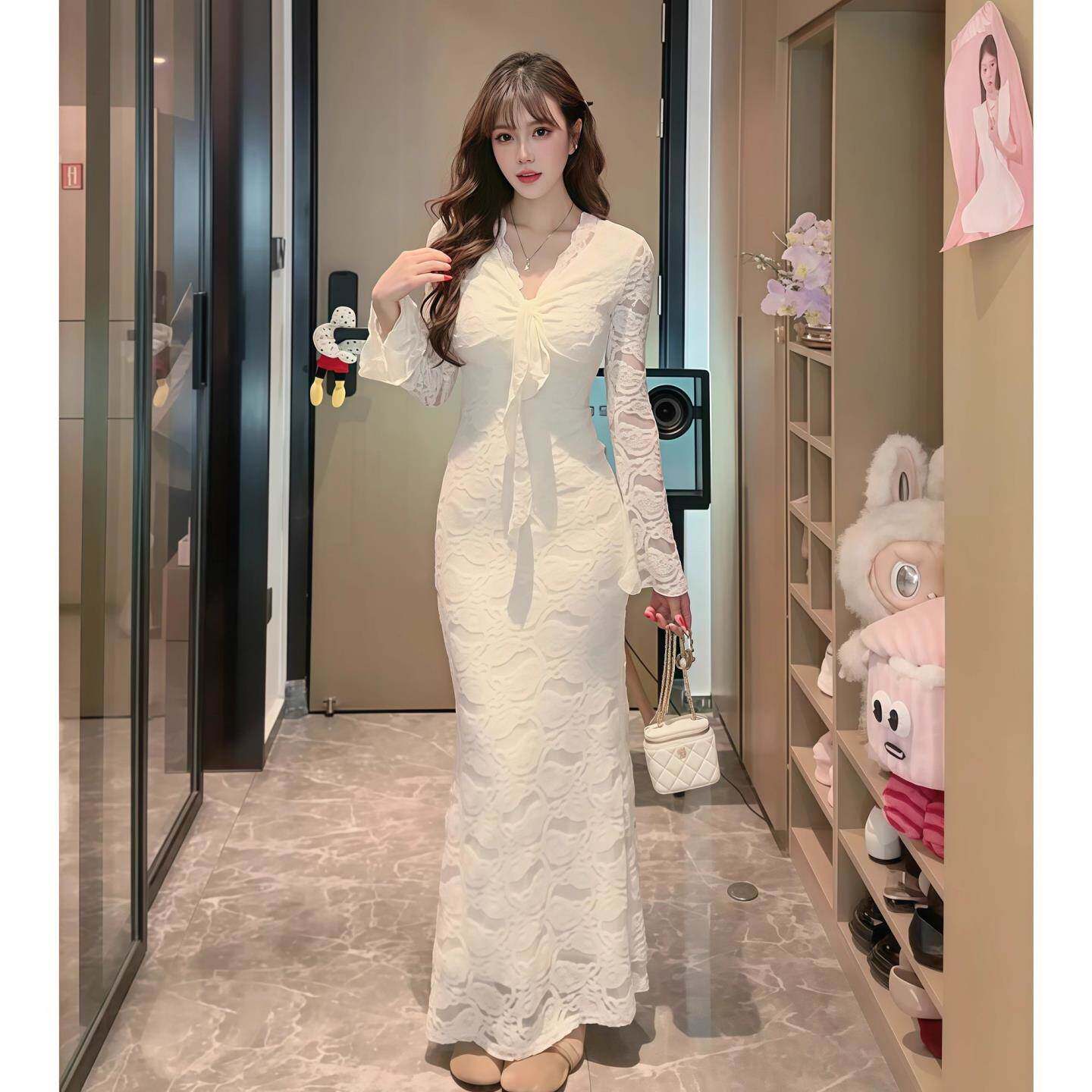秋春季轻熟风紫色V领蕾丝连衣裙女长袖绑带收腰显瘦气质包臀长裙