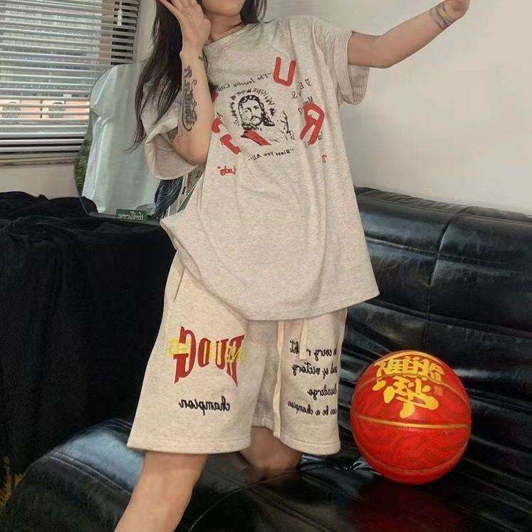 夏天运动短裤运动服套装女夏季学生宽松休闲外穿短袖五分裤两件套