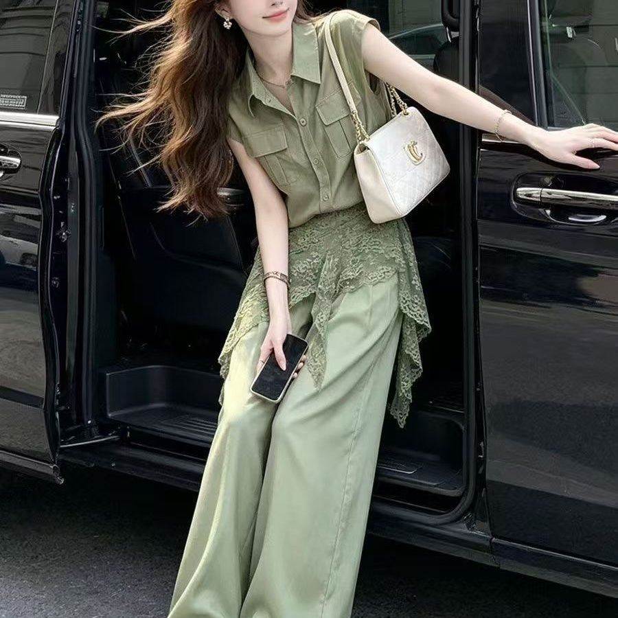2026翻领显瘦衬衫新款蕾丝无袖屁帘长裤两件套亚麻