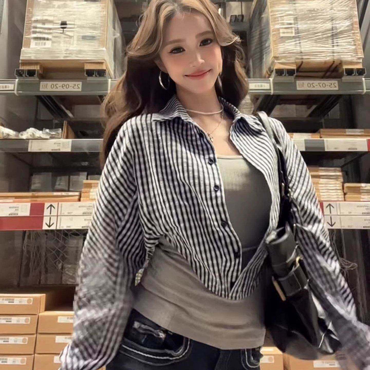 韩系格纹假两件衬衫女春季穿搭拼接背心衬衣收腰显瘦设计感上衣