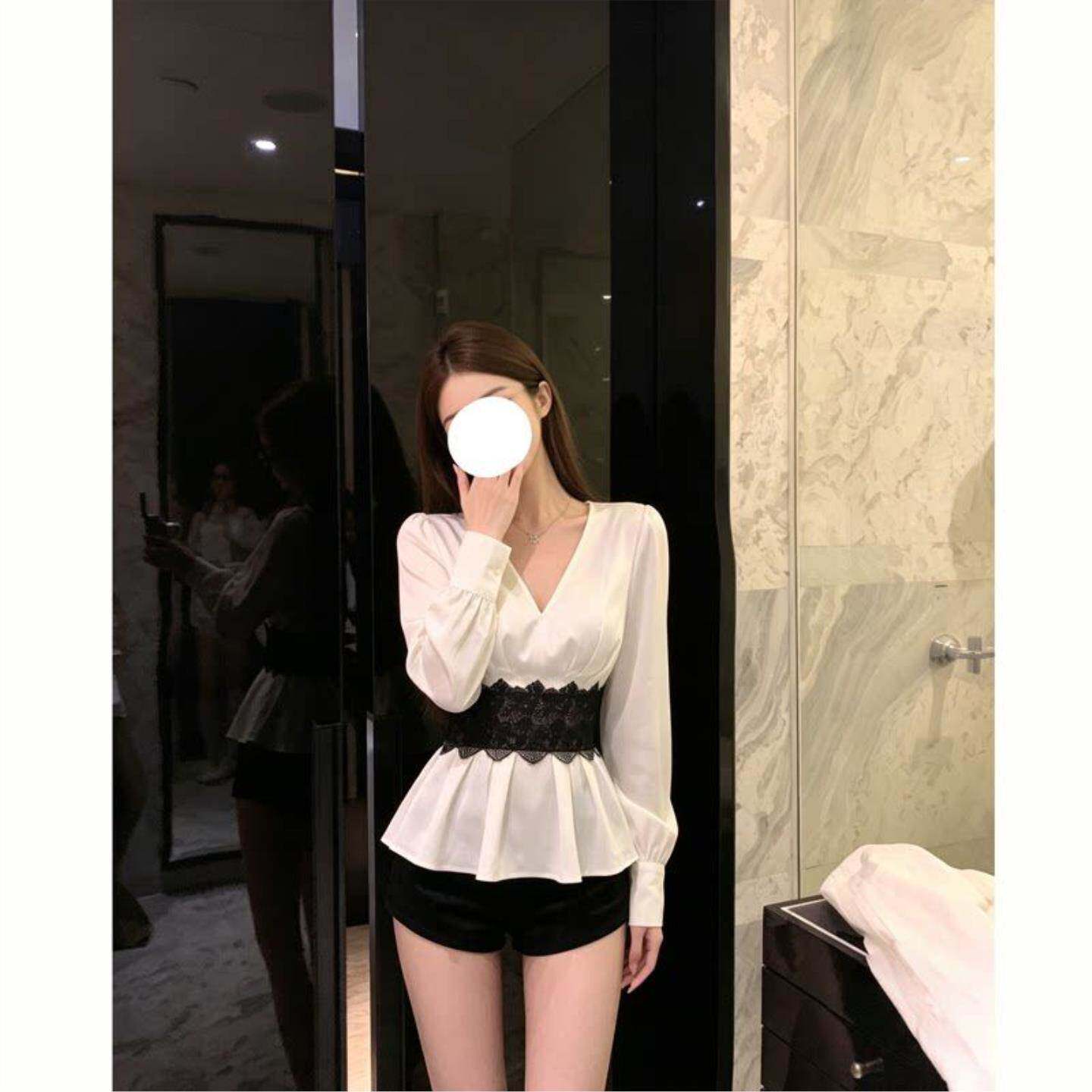 法式V领蕾丝收腰衬衫女2026春季新款设计感修身显瘦薄款气质上衣