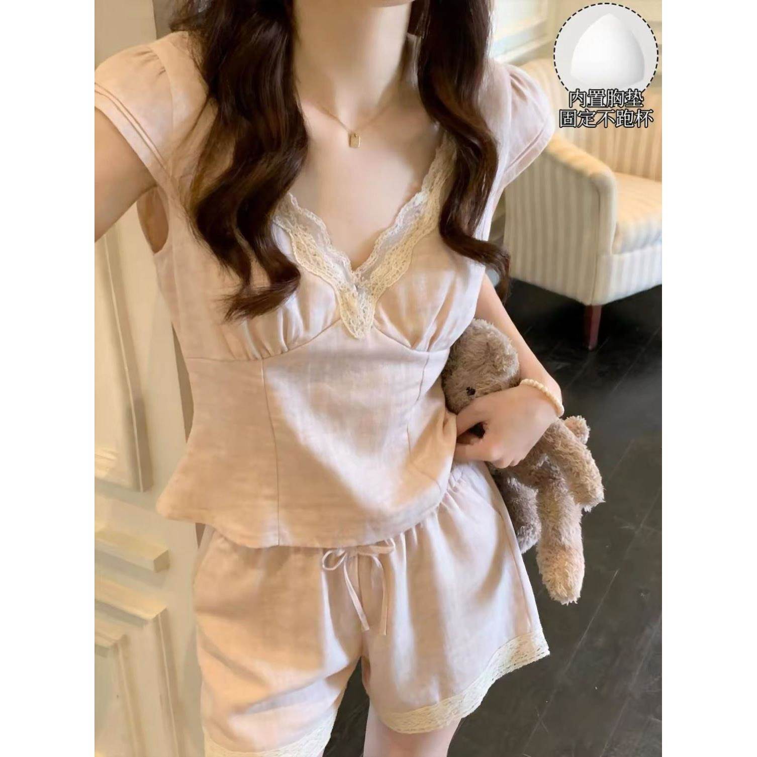 温柔少女感蕾丝花边短袖睡衣女款夏季带胸垫舒适家居服套装可外穿
