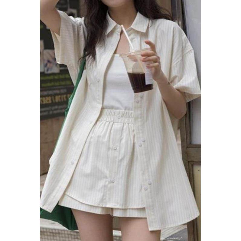 韩系设计感条纹短袖衬衫套装女夏季阔腿短裤两件套