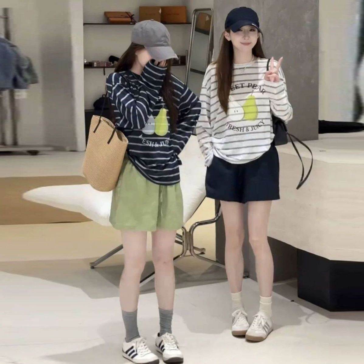 韩式条纹印花长袖T恤+高腰短裤两件套女2026夏季新款宽松显瘦罩衫