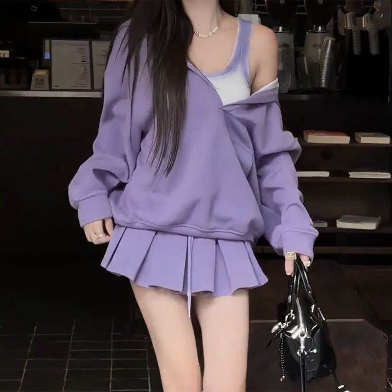 小个子减龄春秋女装一整套宽松紫色卫衣高腰短裙休闲气质三件套装