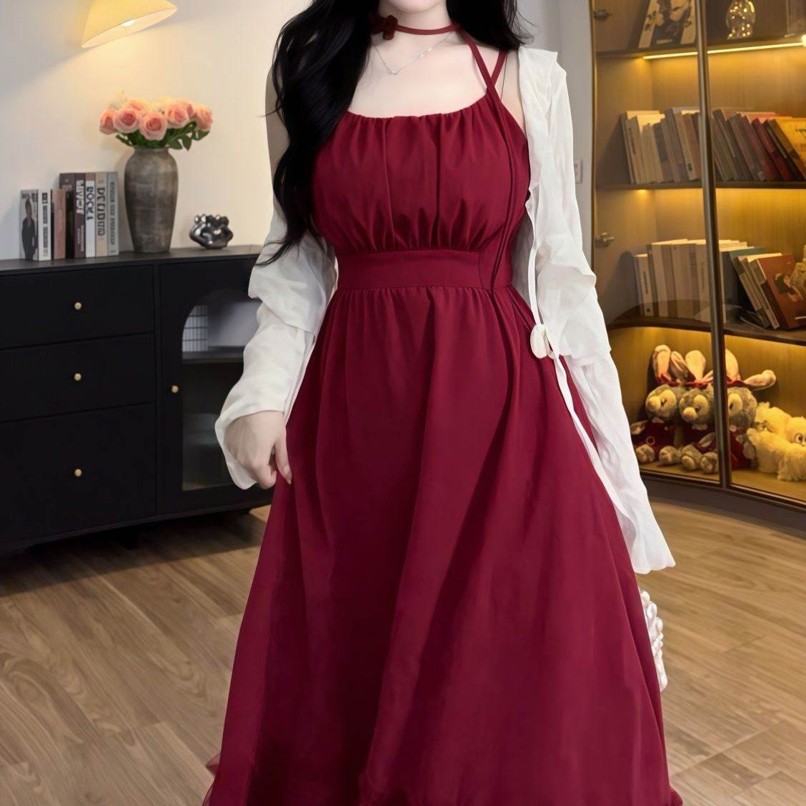 微胖MM纯欲风吊带连衣裙辣妹显瘦蓬蓬裙+开衫套装清新可爱两件套图片