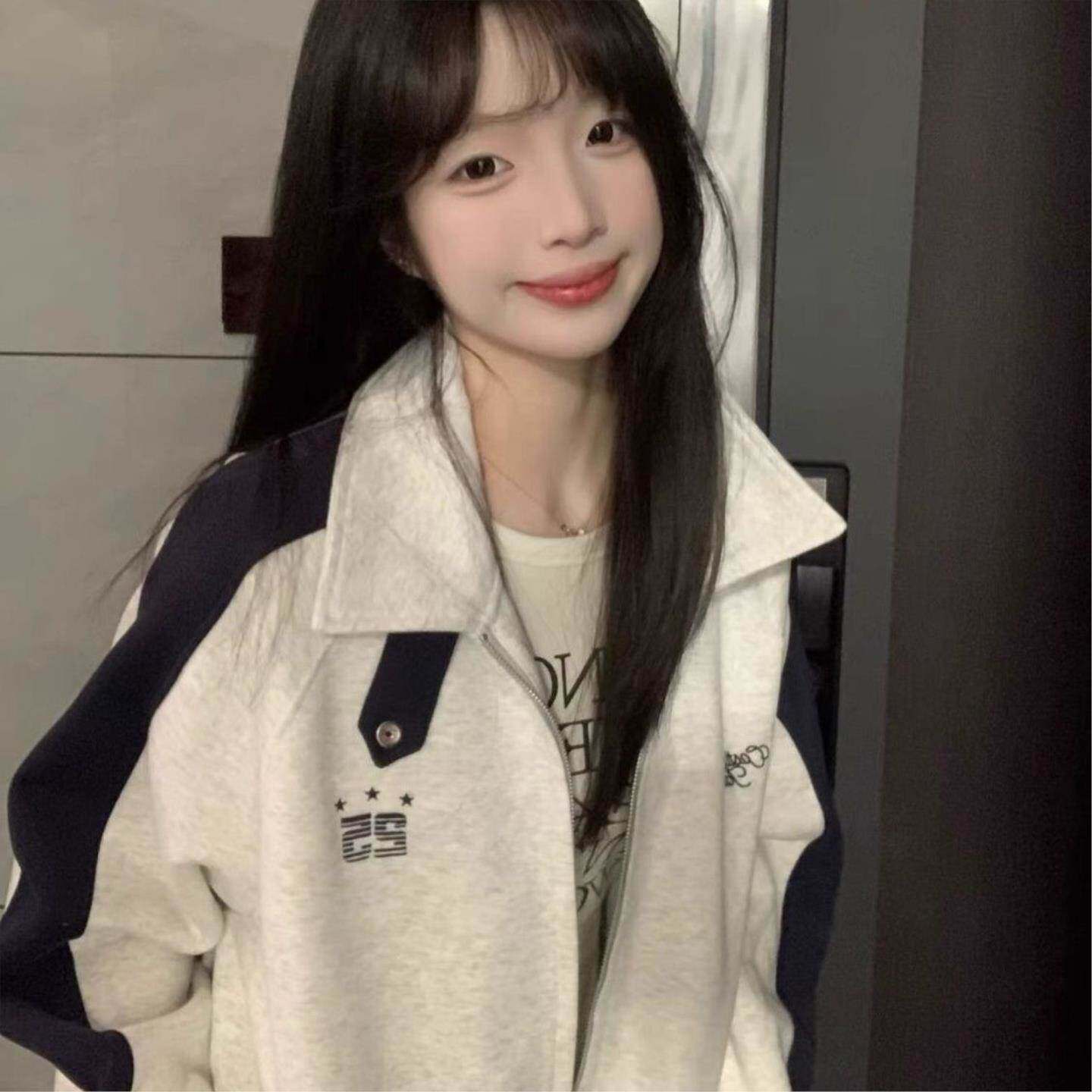 美式复古立领开衫撞色拼接插肩卫衣外套女春秋学院风情侣夹克上衣