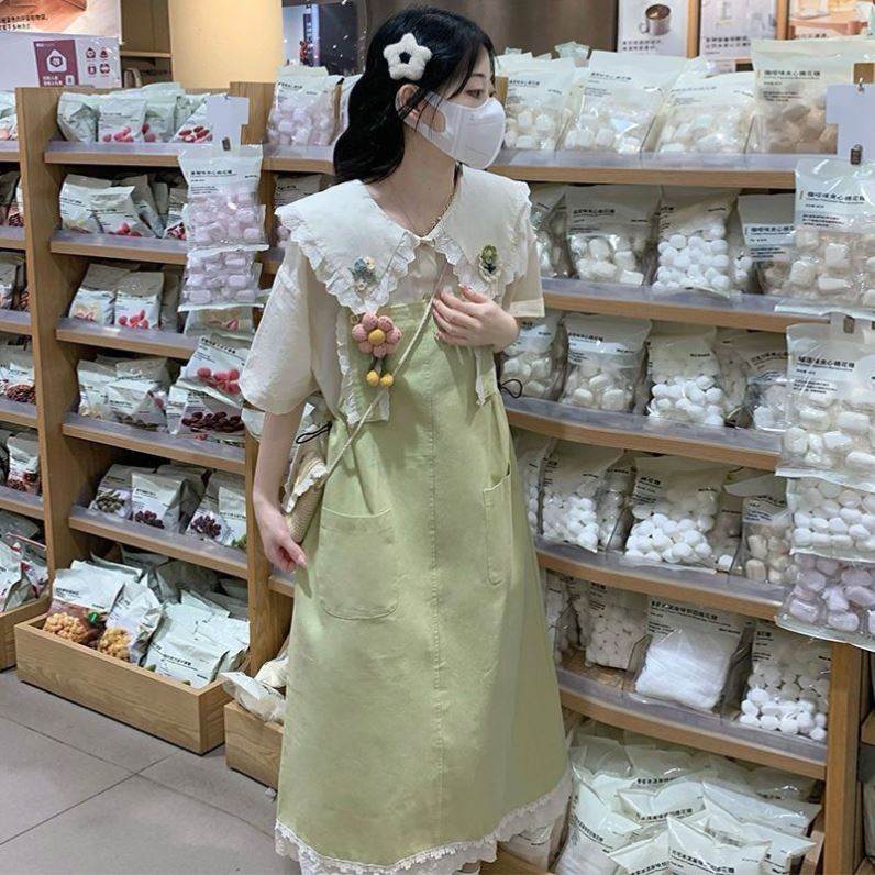 夏季气质休闲学院风减龄森系衬衫+背带裙显瘦宽松两件套连衣裙