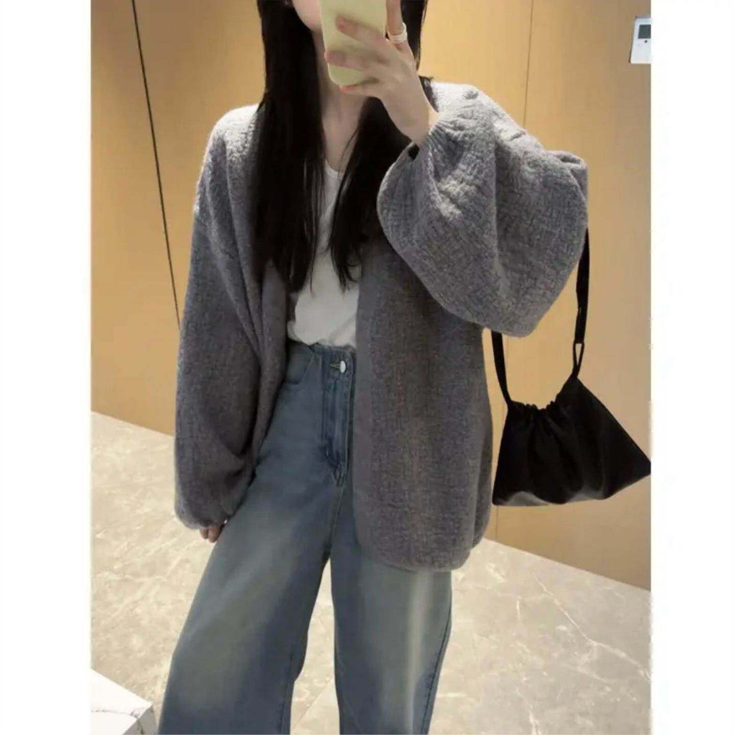 树皮纹2026年新工艺开衫灯笼袖慵懒风百搭毛衣宽松显瘦春秋款外套