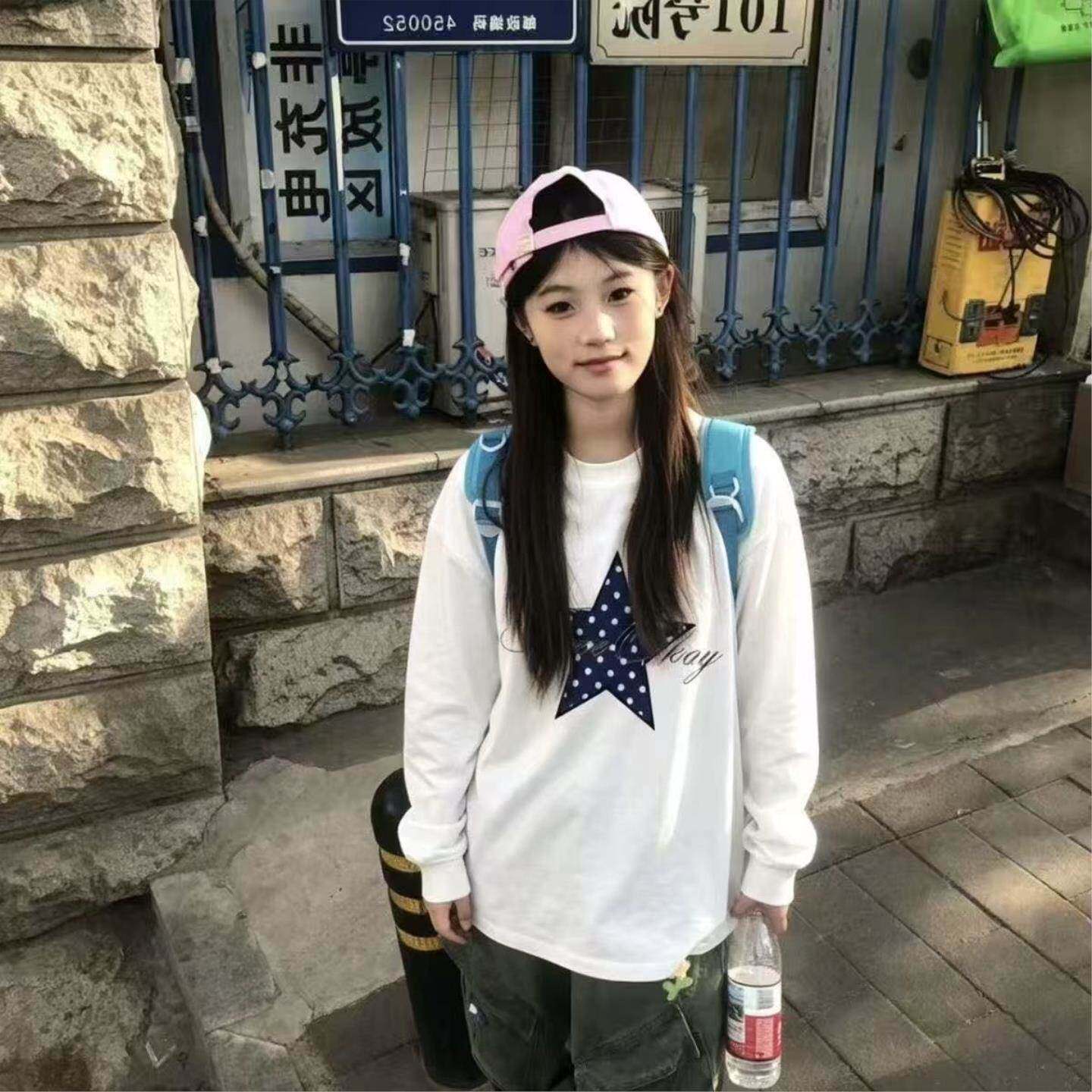 星星波点印花长袖T恤女2026新款韩系宽松小个子短款打底衫