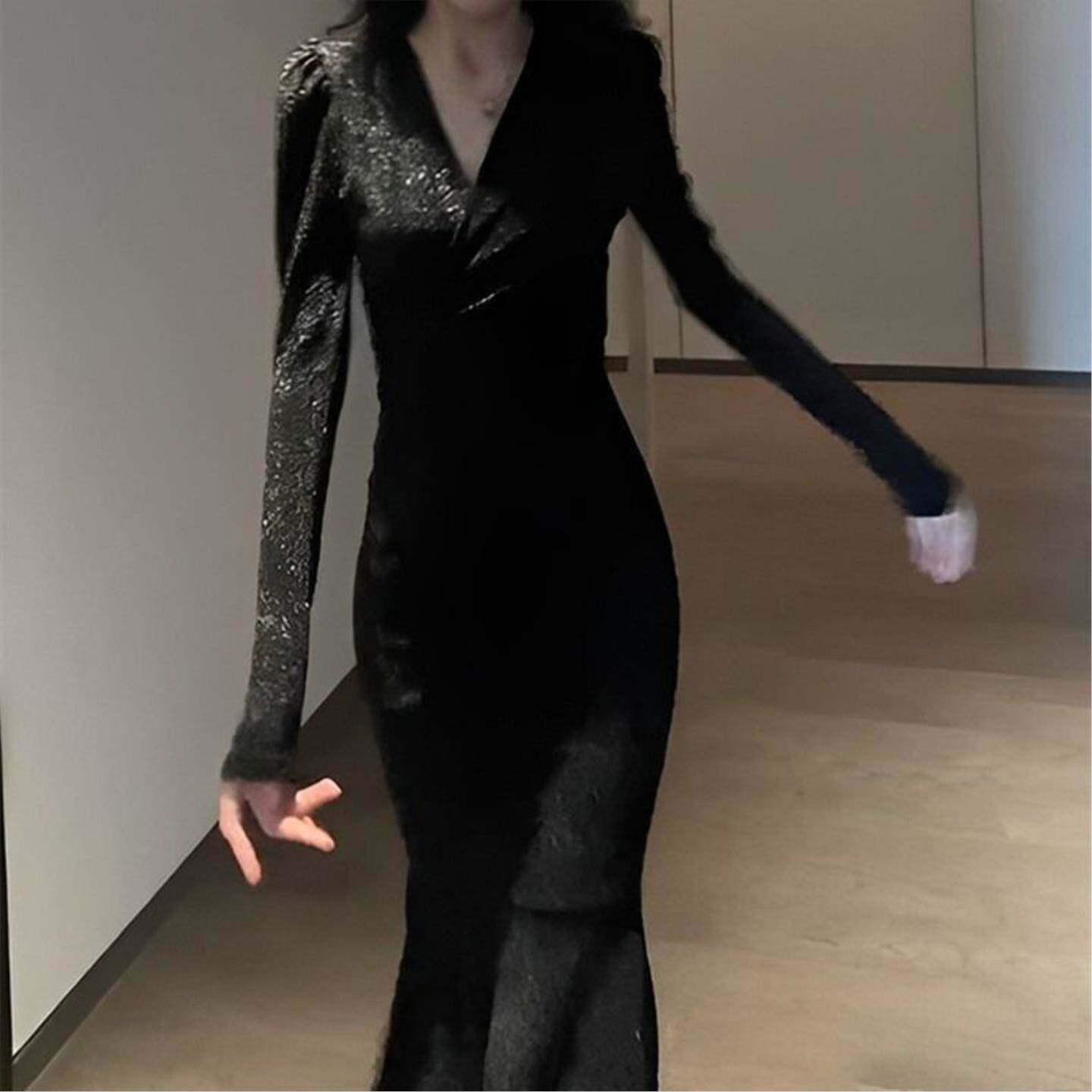 高级感法式长袖黑色连衣裙女礼服裙2026新款开叉长裙性感名媛春秋