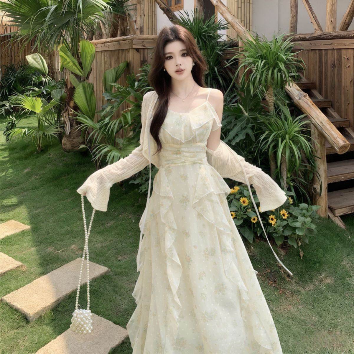 法式甜美碎花裙女针织罩衫荷叶边收腰显瘦连衣裙初恋裙两件套