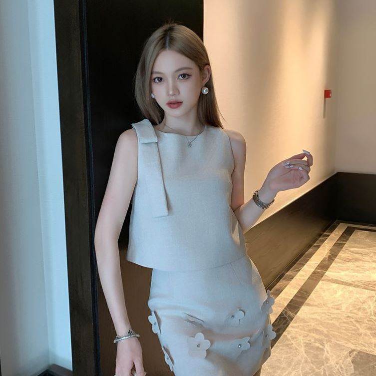 蝴蝶结设计小香风无袖上衣高级感花朵半身裙套装女夏