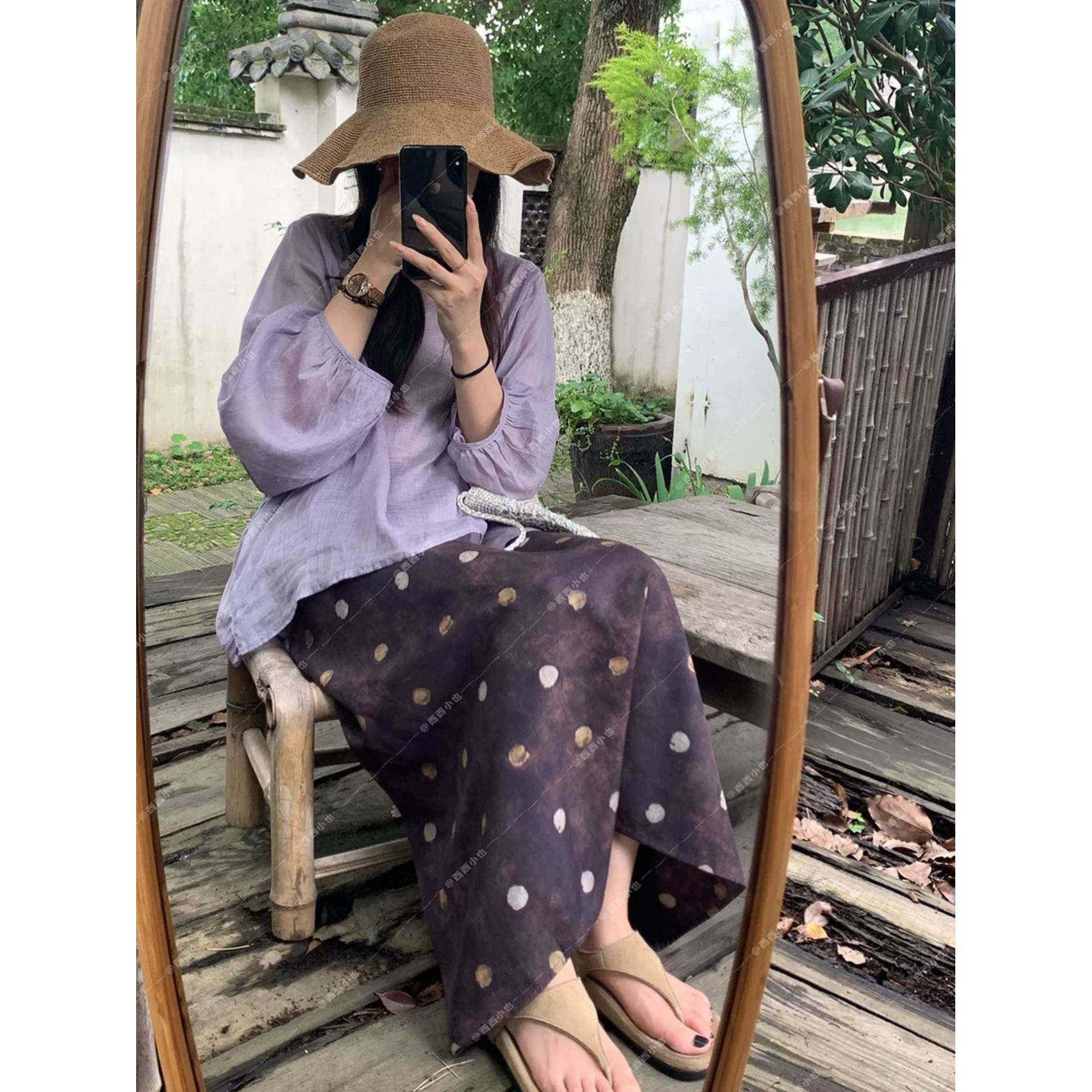 复古烟紫色圆领灯笼袖衬衫小衫+晕染波点直筒长款半身裙两件套装