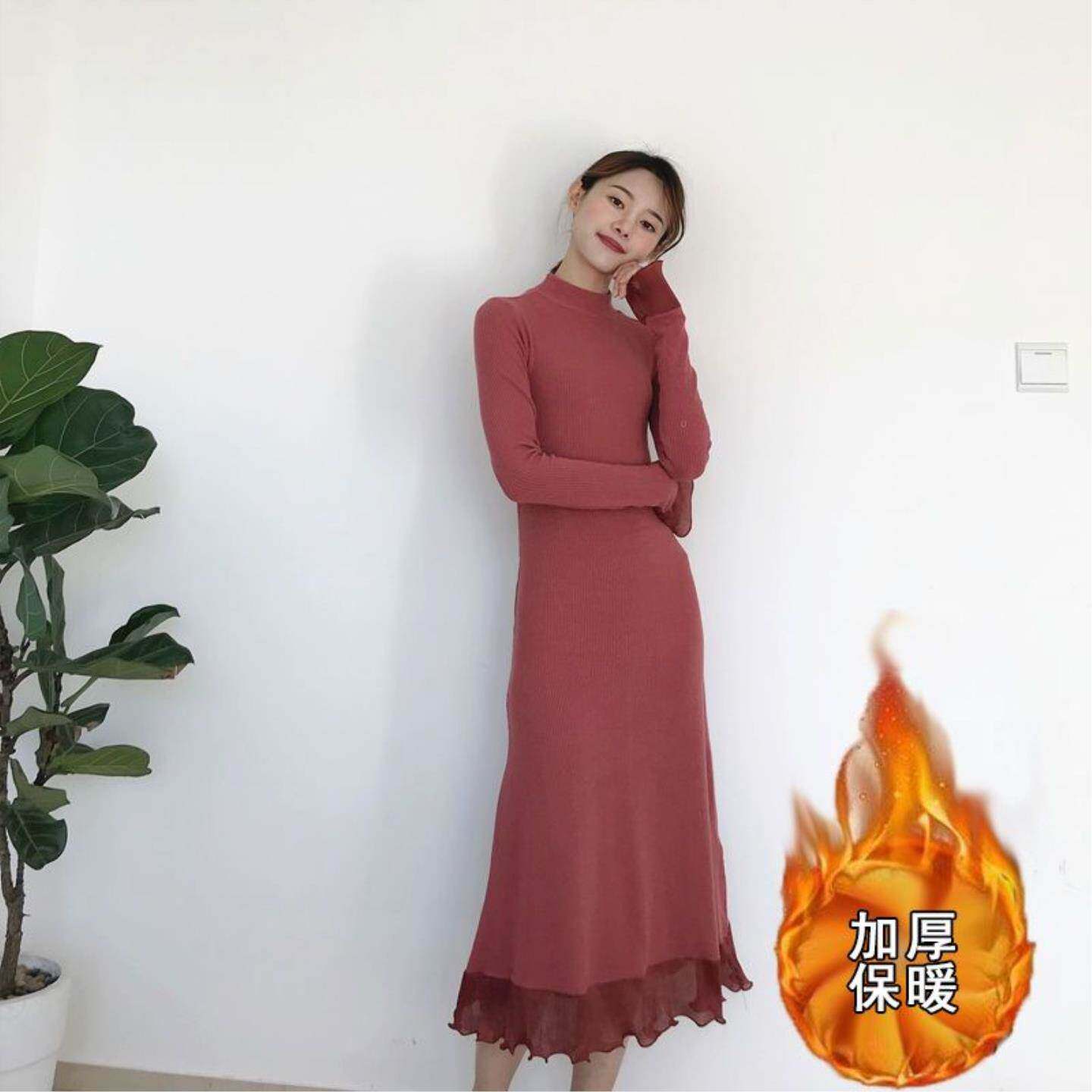 厚配大衣的长款过膝毛衣裙子蕾丝边打底内搭针织连衣裙女装秋春季