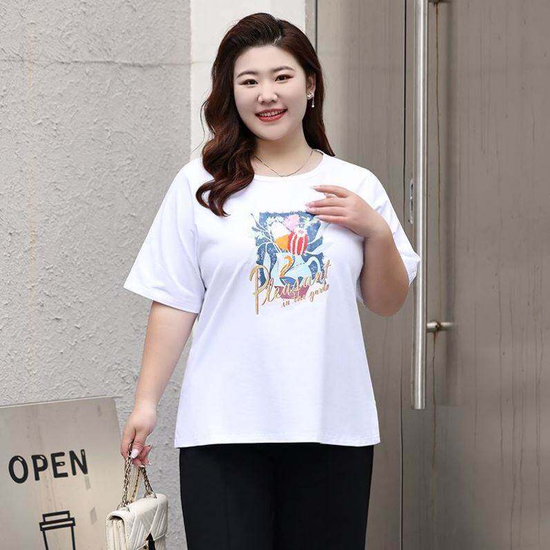 特大码200斤胖妹妹韩版时尚短袖恤女夏季宽松白色印花显瘦上衣