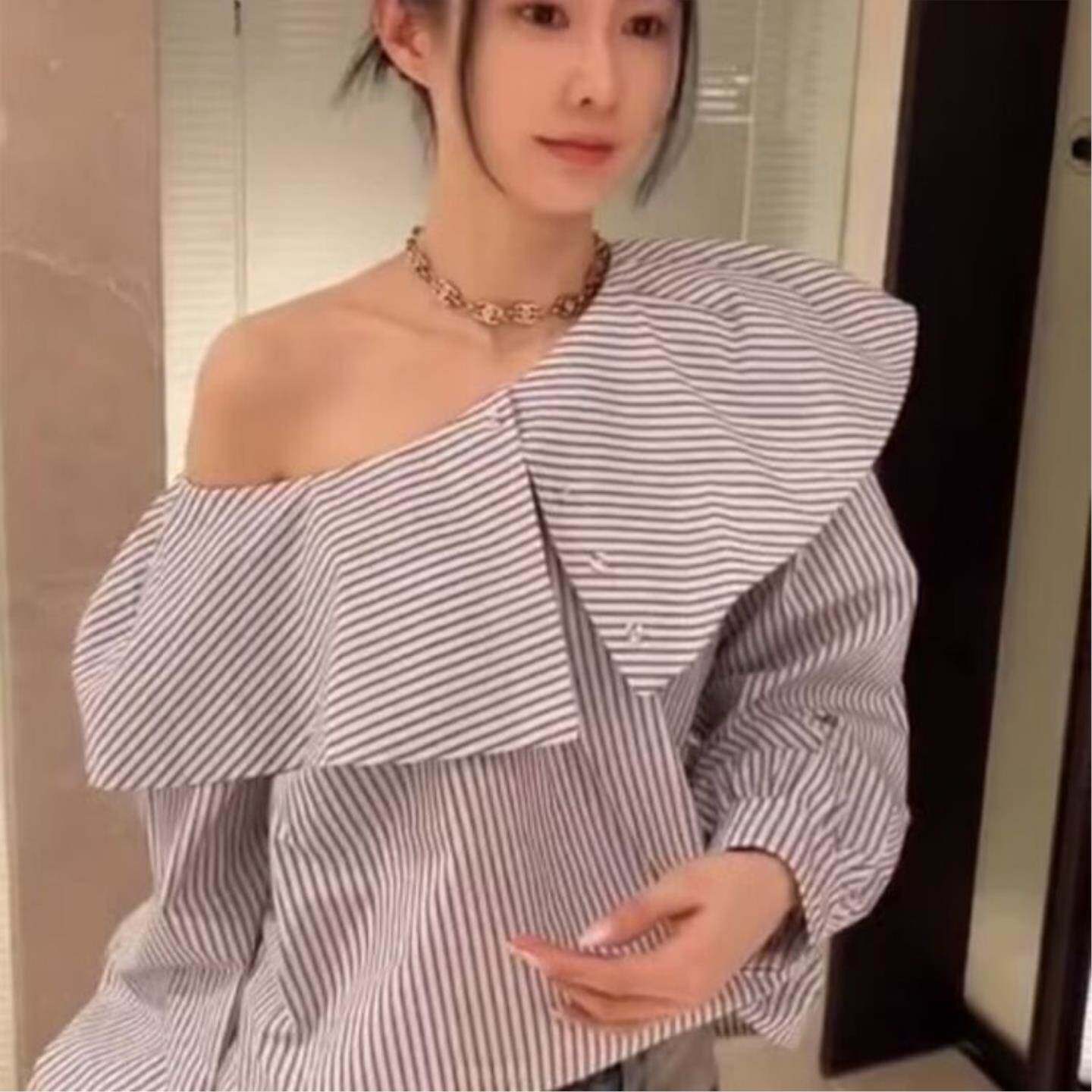不规则披肩领宽松百搭休闲韩系上衣条纹长袖衬衫女春季2026简约风