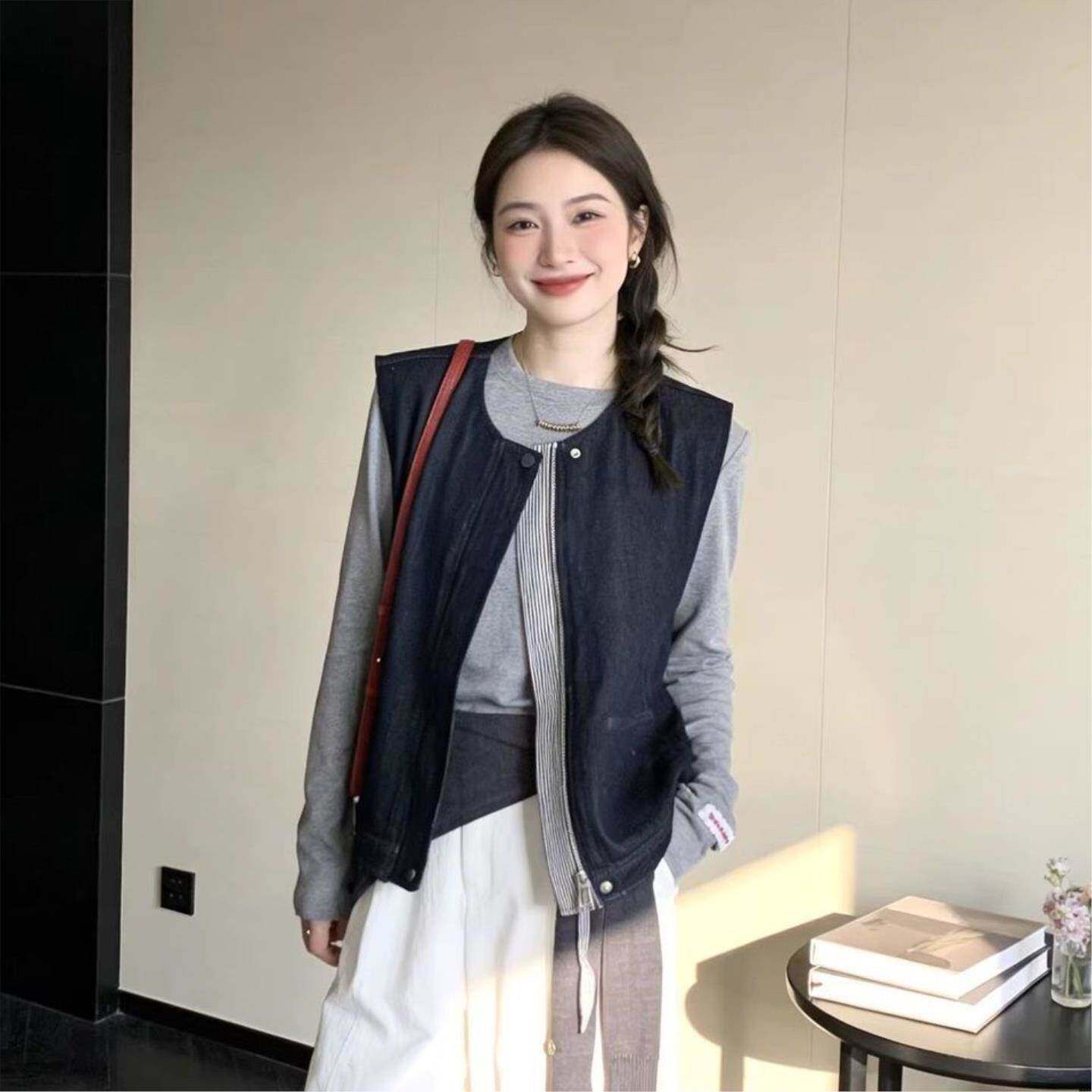 韩系时尚高级拼接牛仔马甲外套女夏季小个子无袖坎肩圆领马夹背心