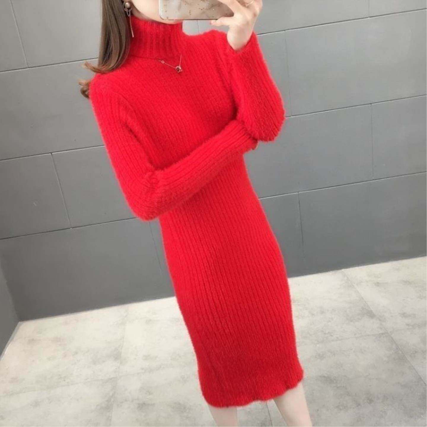水貂绒长款过膝高领毛衣女春夏中长款新款加厚修身针织打底连衣裙