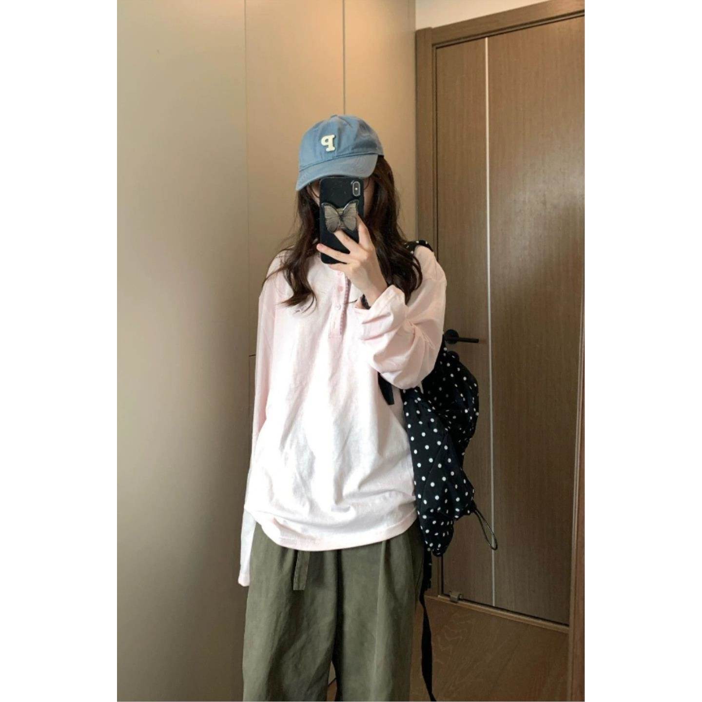 小马刺绣撞色亨利领长袖女秋冬2026新款慵懒宽松显瘦上衣