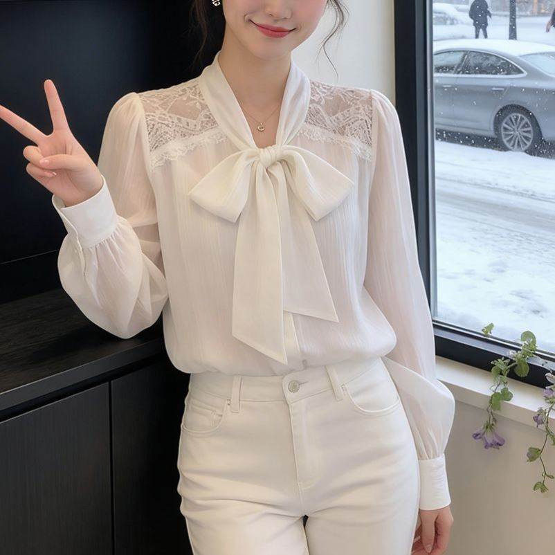 法式白色蝴蝶结系带蕾丝长袖衬衫女2026春季新款独特漂亮气质上衣