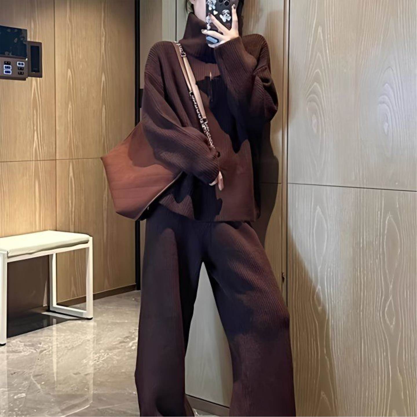 慵懒风高领毛衣套装女秋冬新款时尚针织休闲阔腿裤两件套洋气