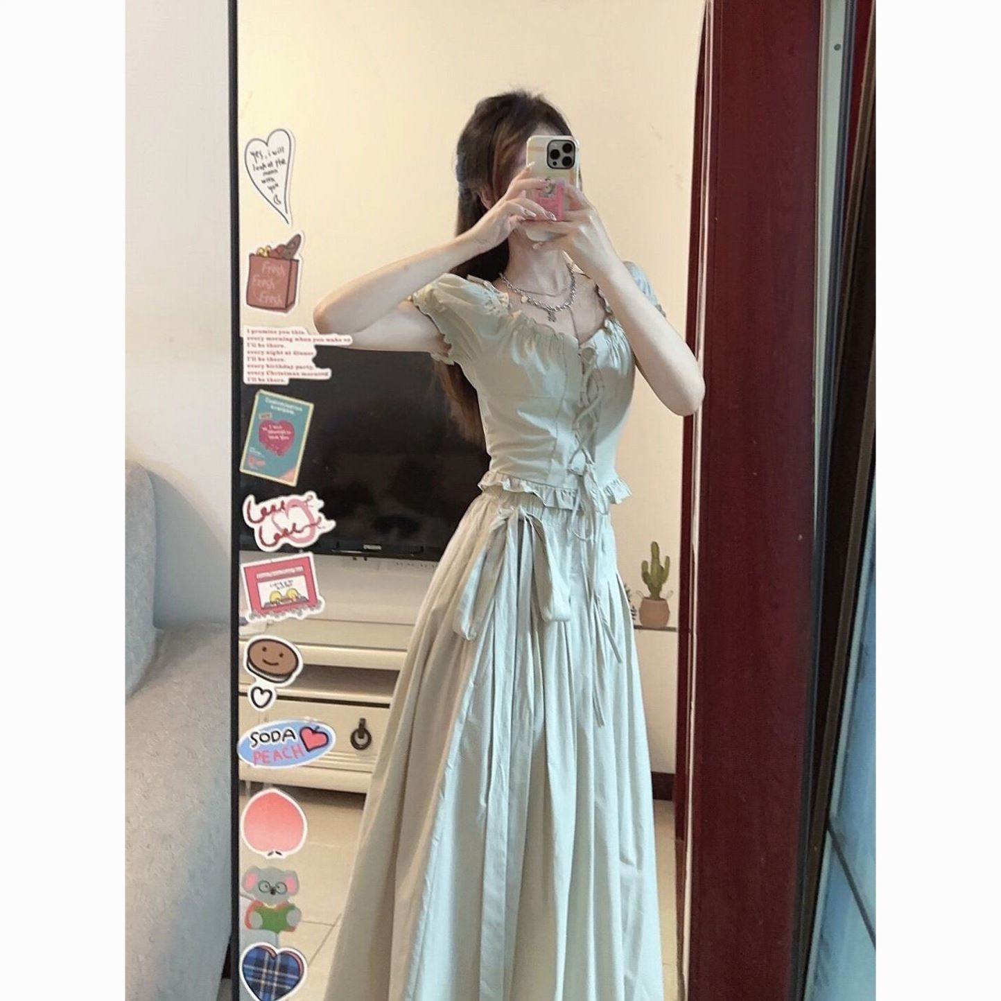 韩版甜美套装女泡泡系带上衣+半身裙高腰显瘦夏季新款法式两件套
