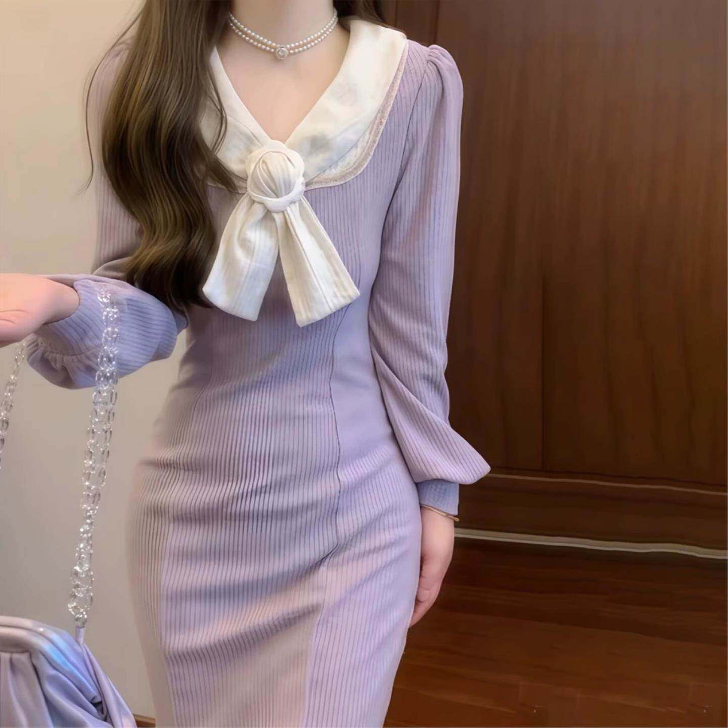 法式温柔2026甜美蝴蝶结新款针织鱼尾连衣裙长袖气质修身长裙