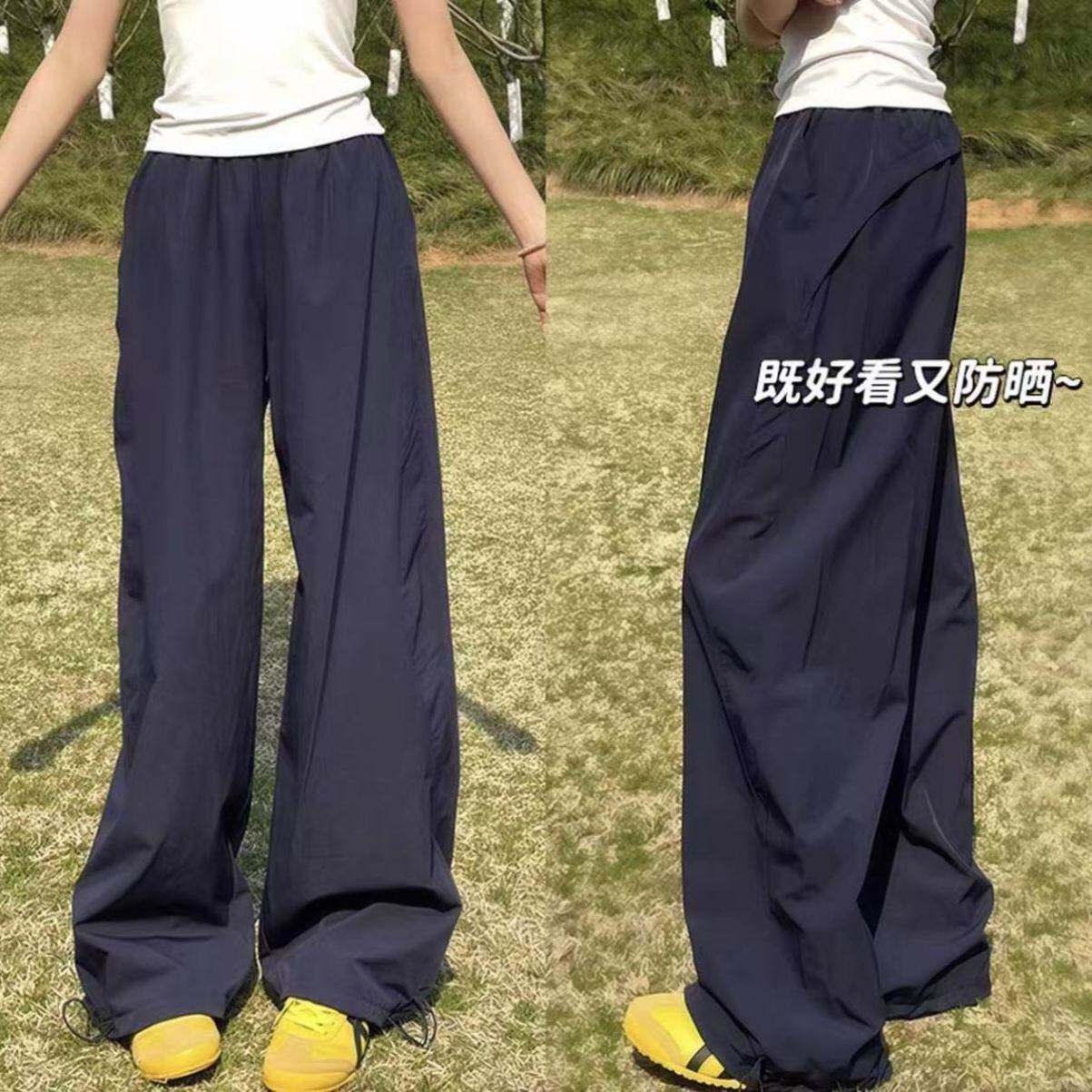 藏青色美式速干工装裤女春夏薄款宽松显瘦直筒阔腿裤小个子运动裤