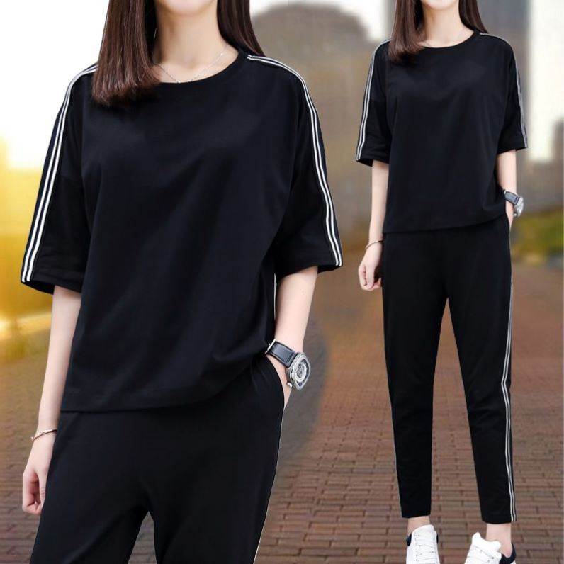 运动套装女夏2026新款大码时尚两件套九分裤棉运动服休闲套装女