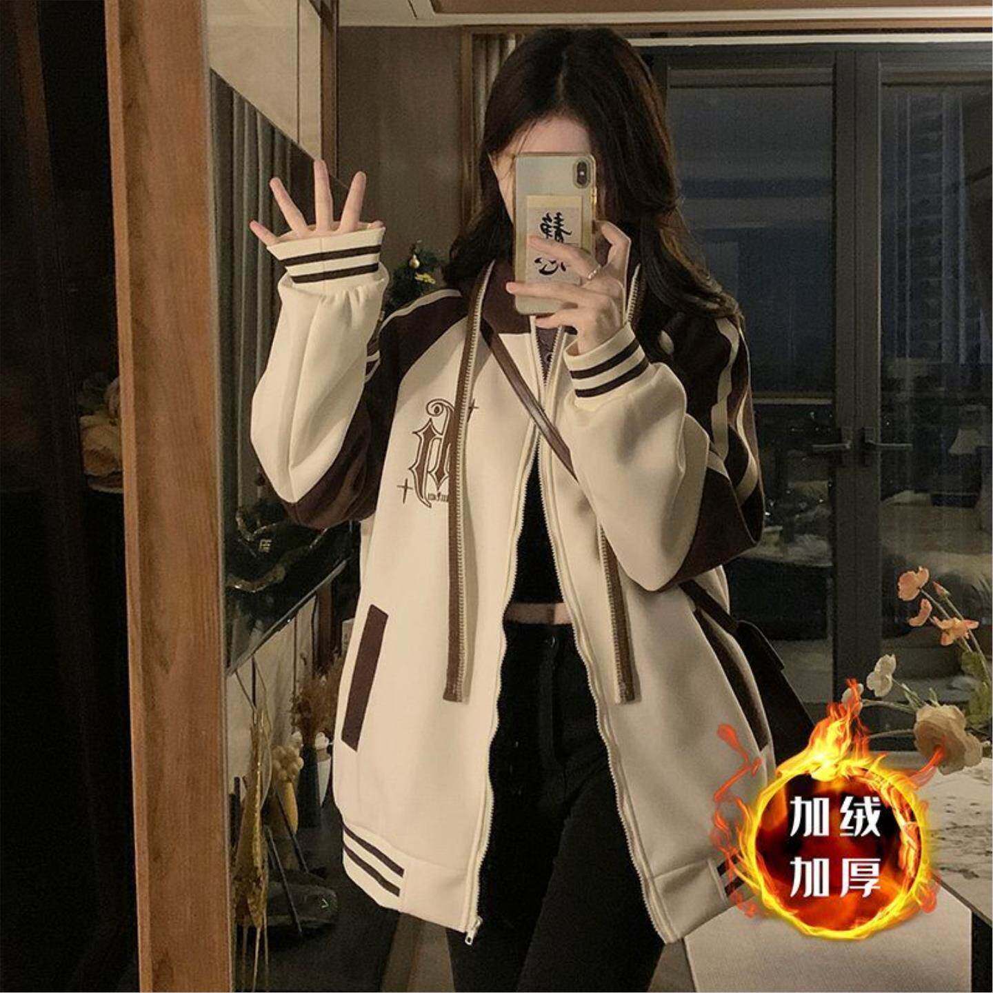 美式复古学院风刺绣棒球服外套女2026春秋新款宽松连帽夹克上衣