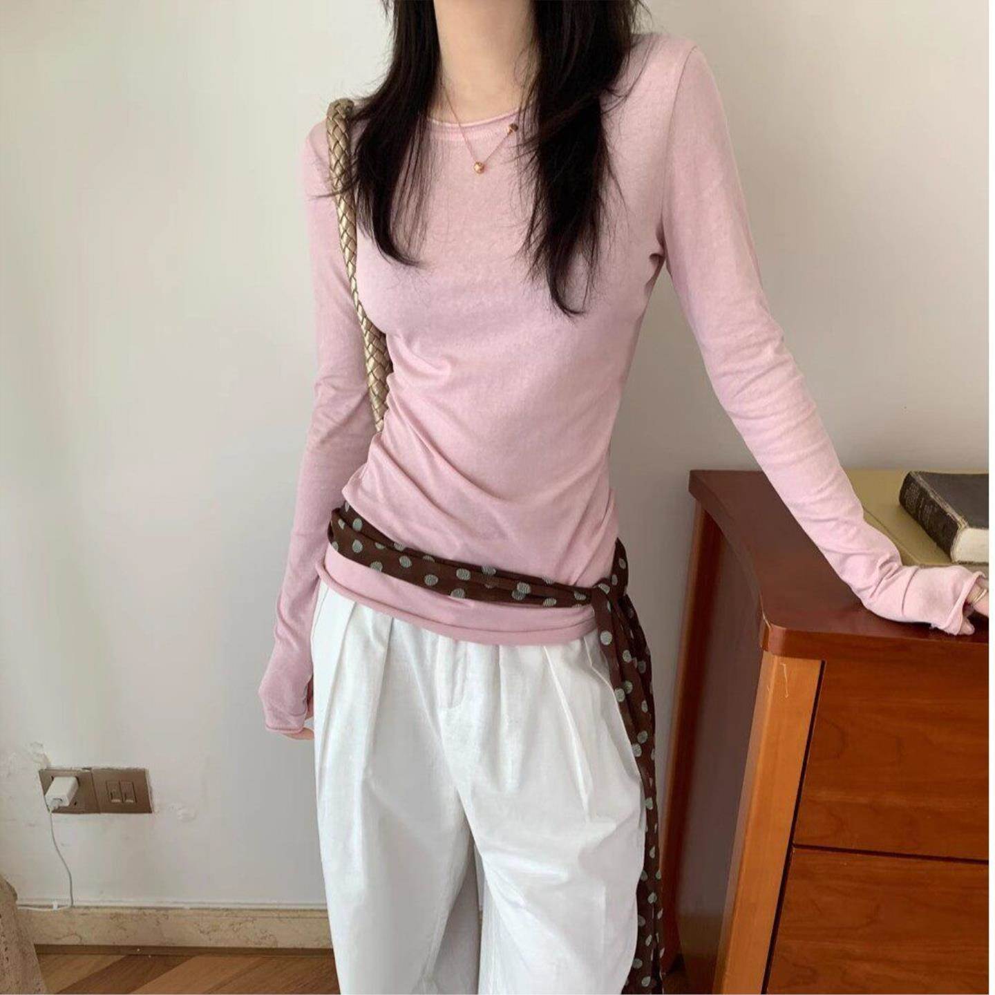韩系透视感长袖t恤女卷边休闲修身显身材防晒罩衫春秋季新款上衣
