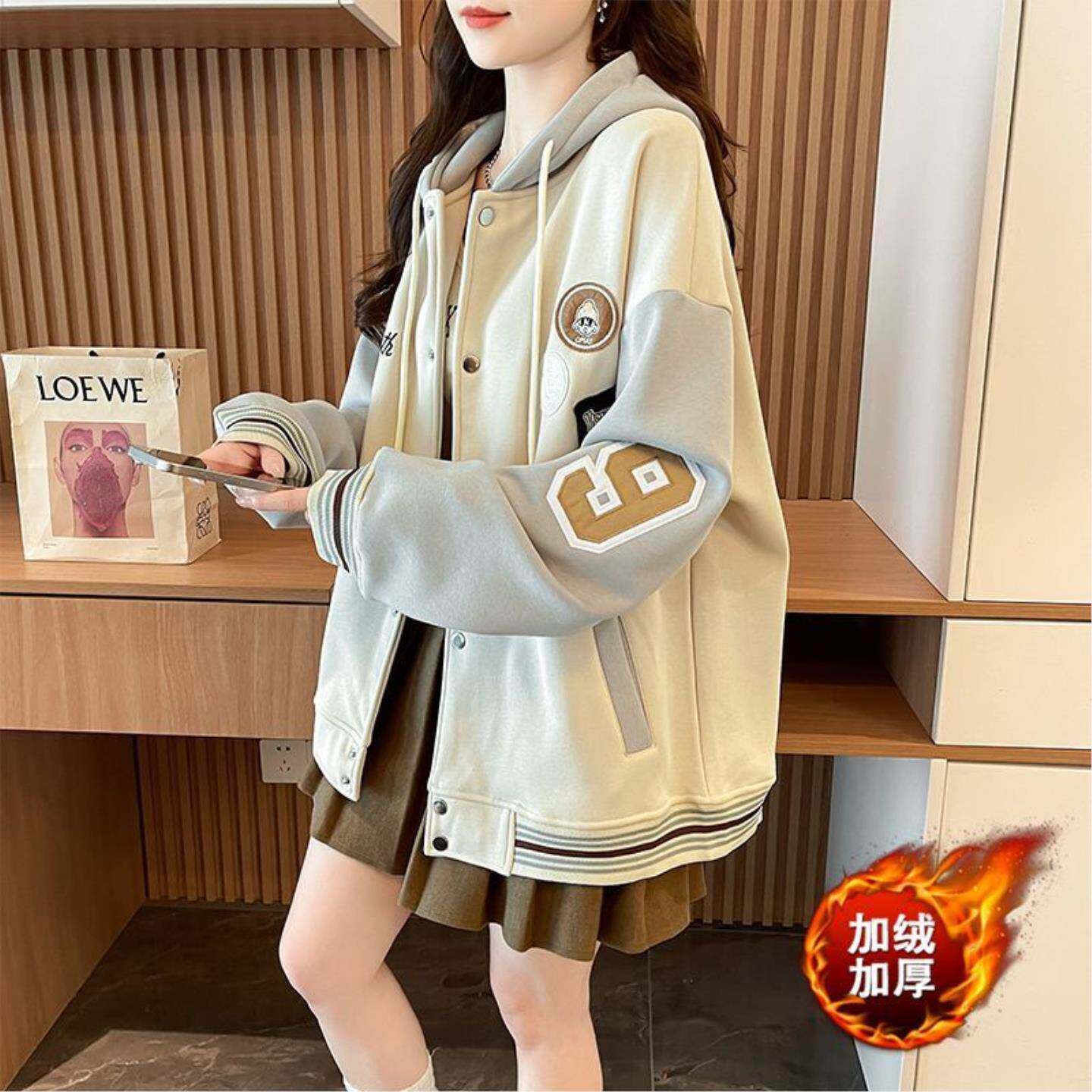2026春夏新款美式棒球服外套女春秋休闲棉刺绣开衫外套连帽卫衣