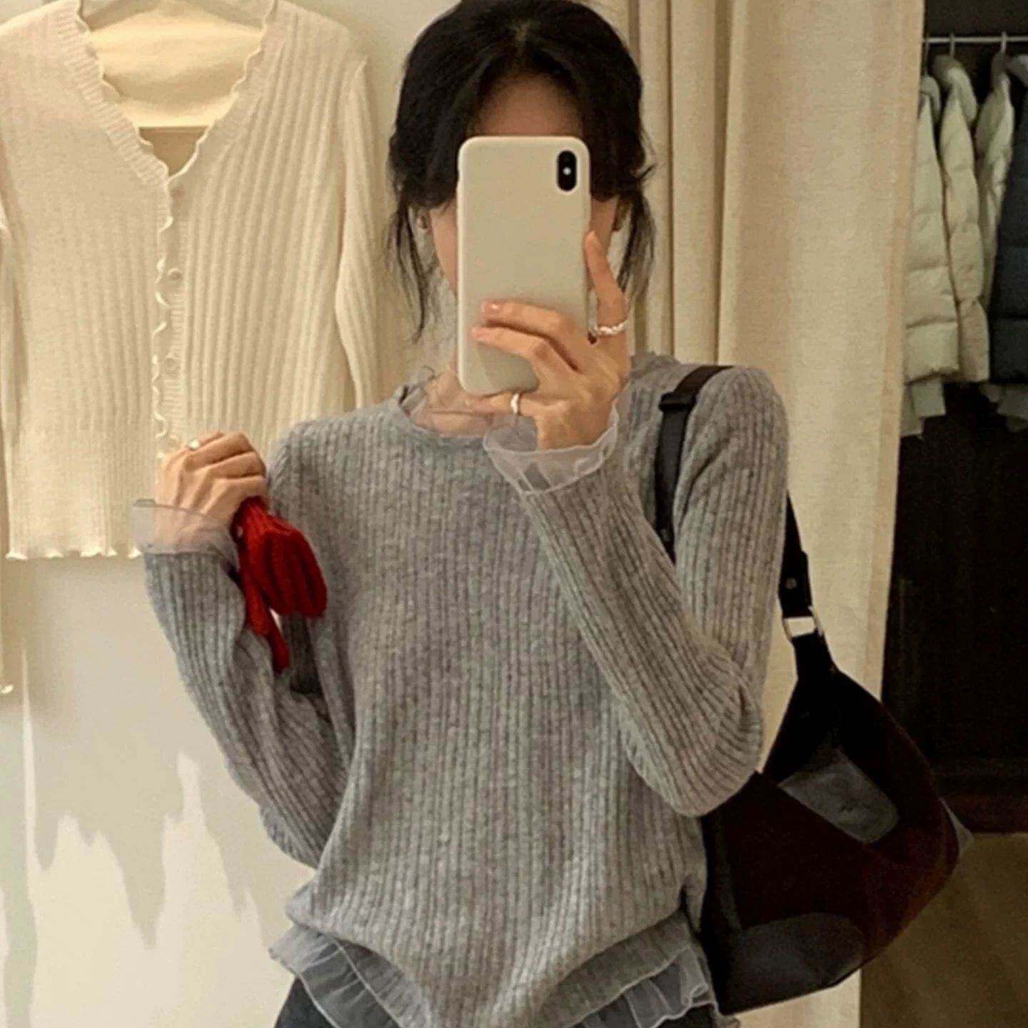 圆领蕾丝针织衫女春季新款日系毛衣打底衫甜美性感上衣薄款