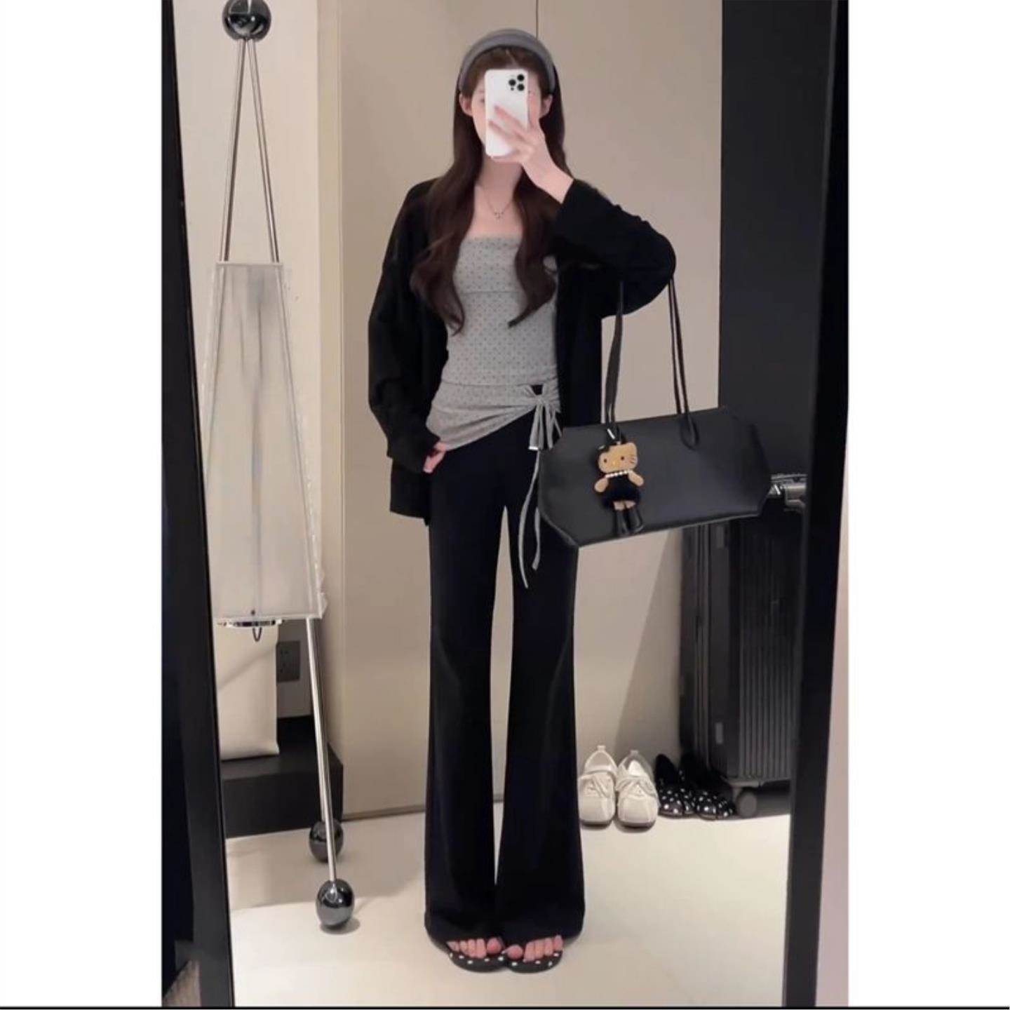 巨好看的穿搭一整套休闲通勤女装黑色开衫波点背心高腰裤三件套装