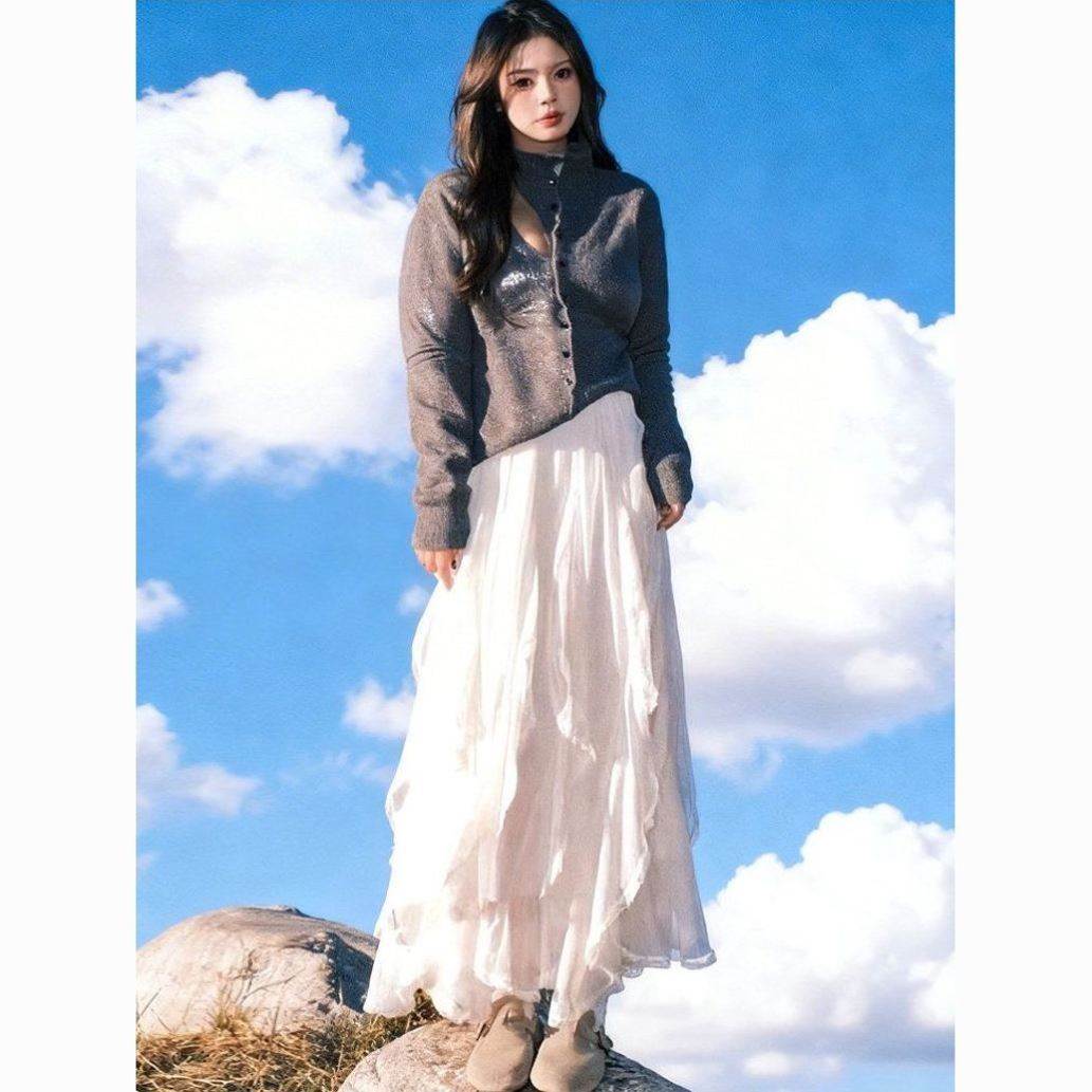 雪纺蕾丝白色半身裙女春夏2026新款韩系字裙荷叶边百搭长裙子
