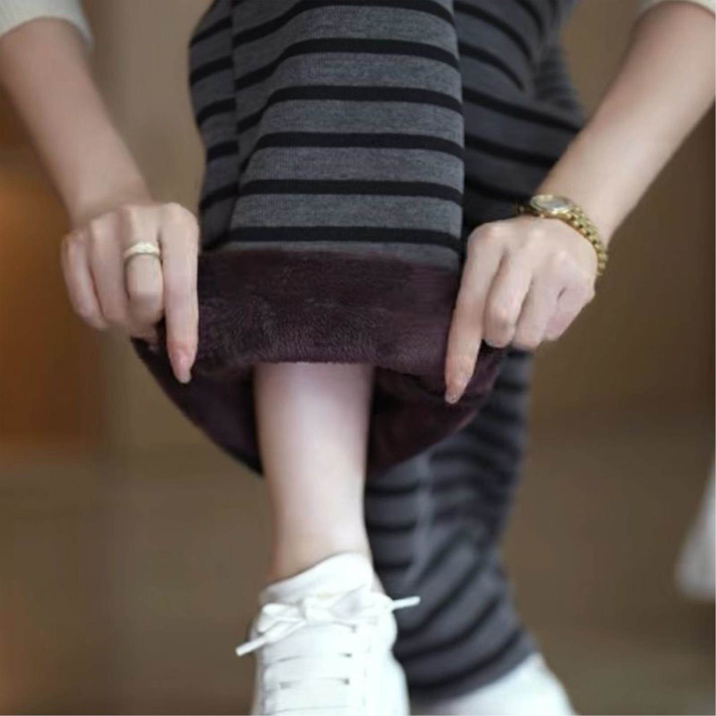 加绒妈妈裤子秋冬条纹阔腿高腰裤女显瘦抽绳休闲裤小个子直筒长裤