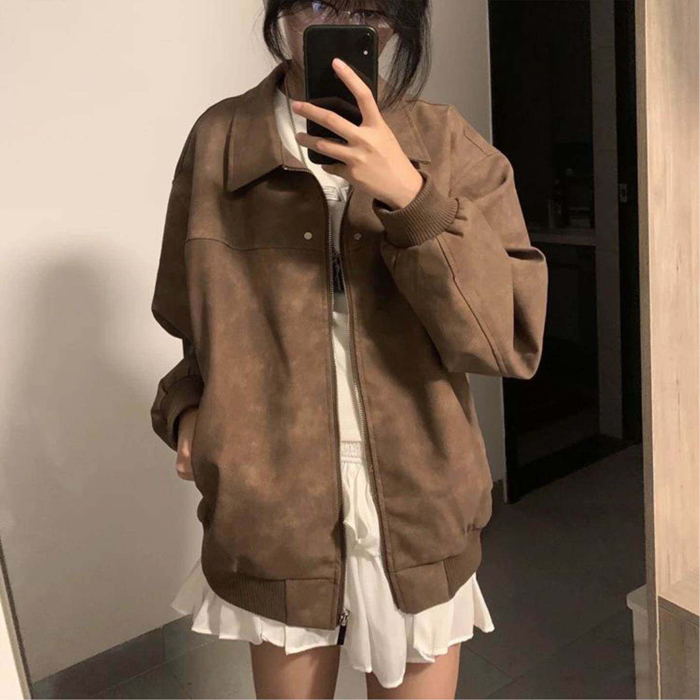 外套女2026新款春款美式复古轻奢小众高级感麂皮绒夹克棒球服